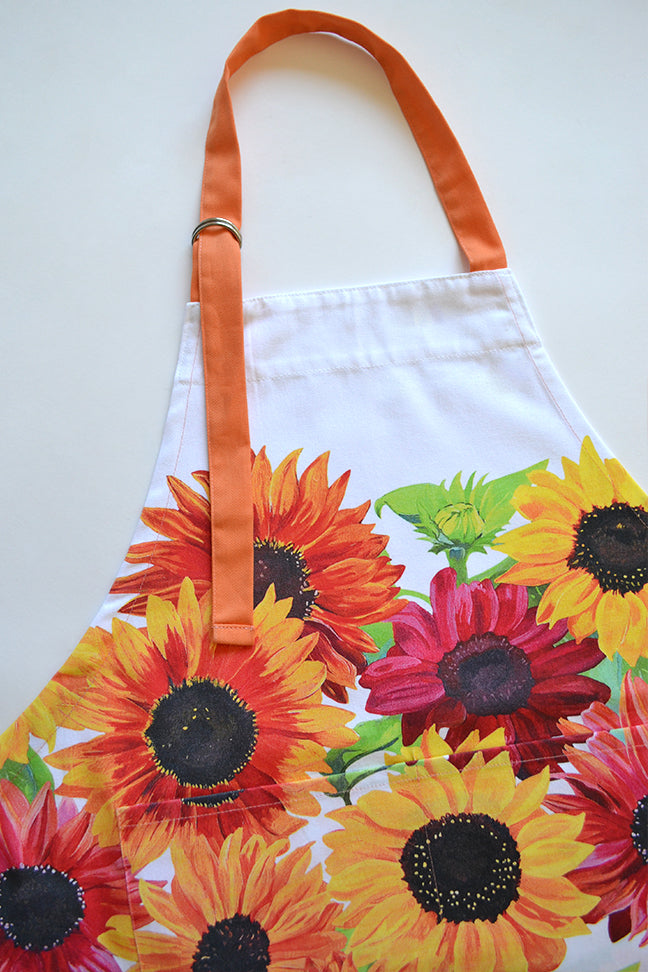 Sunflower apron for women, white apron with pockets, baking gifts